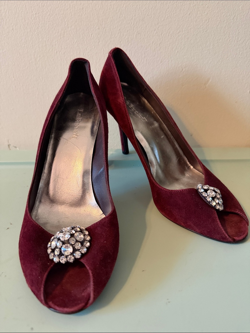 LK Bennett Burgundy Suede Peep-Toe Heels with Crystal Accent